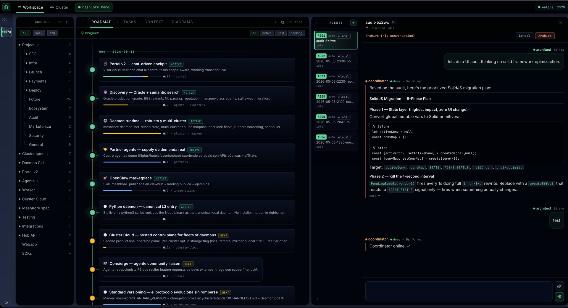 The MeshKore Architect — module tree, roadmap of tasks, agent rail and live chat