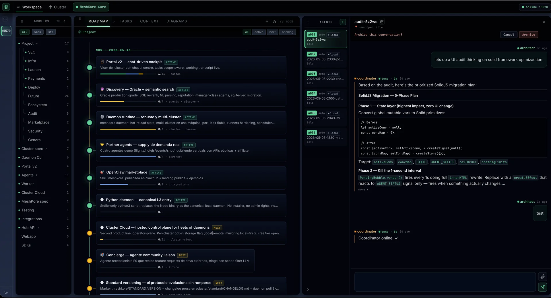 The Architect showing agents, roadmap and chats across a cluster